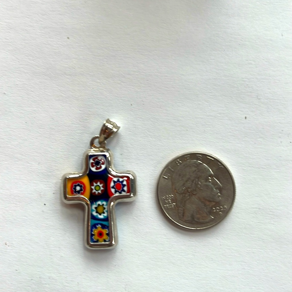 Murano glass millefiore sterling silver cross pendant